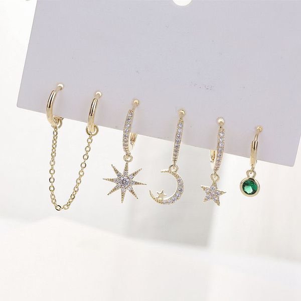 

high-end gold color women drop earrings set micro paved cubic zircon moon star earrings dangler, Silver