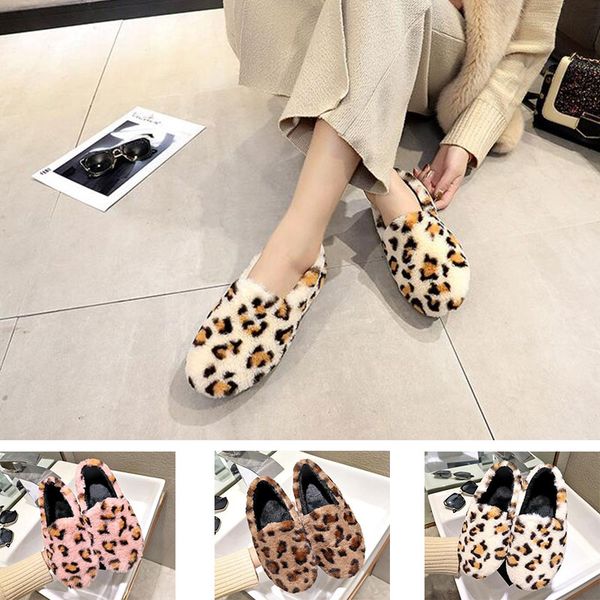 

student casual lazy fur shoes women's low round head flat leopard plus velvet cotton shoes winter home wear, Black