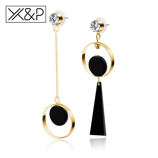 

x&p fashion charm metal ring gold silver long drop earrings for women girl party asymmetry circles alloy dangle earring jewelry