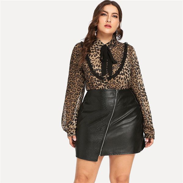 

womens blouses ladies plus size tie neck leopard print collar thin blouse high street office lady long sleeve blouse, White