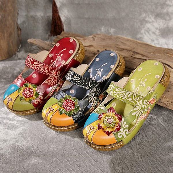 

gaoke 2020 women summer handmade slippers floral shoes platform retro sandals round toe slippers pu leather bohemian, Black