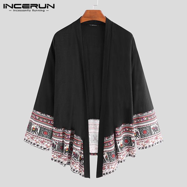 

incerun men outerwear ethnic style print long sleeve cardigan 2019 kimono retro casual men trench coats streetwear jackets s-5xl, Tan;black