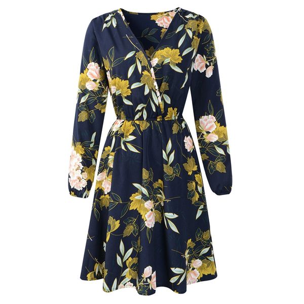 

deep v-neck floral chiffon dress women autumn high waist long sleeve dresses boho beach print dress female vestidos 2019, Black;gray