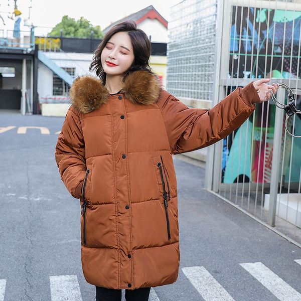 

women winter down cotton clothes solid color fur-sleeve thicken parkas warm hooded jacket ladies fur collar outwear female coat, Black