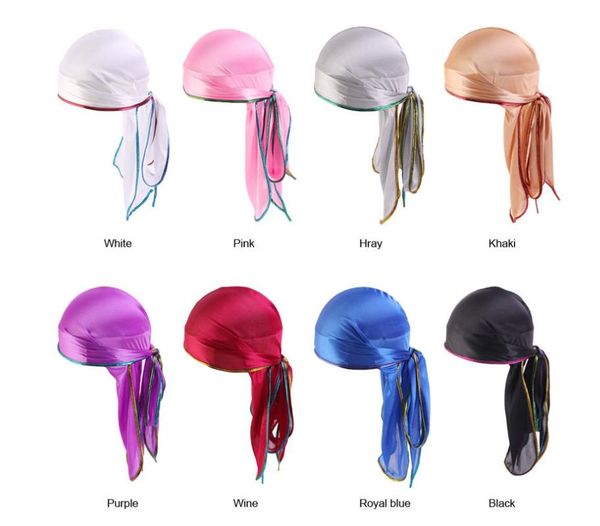 

deluxe silky durag 2019 new colorful style extra long tail headwraps pirate cap 360 waves du-rag durags for men and women hip hop hat, Blue;gray