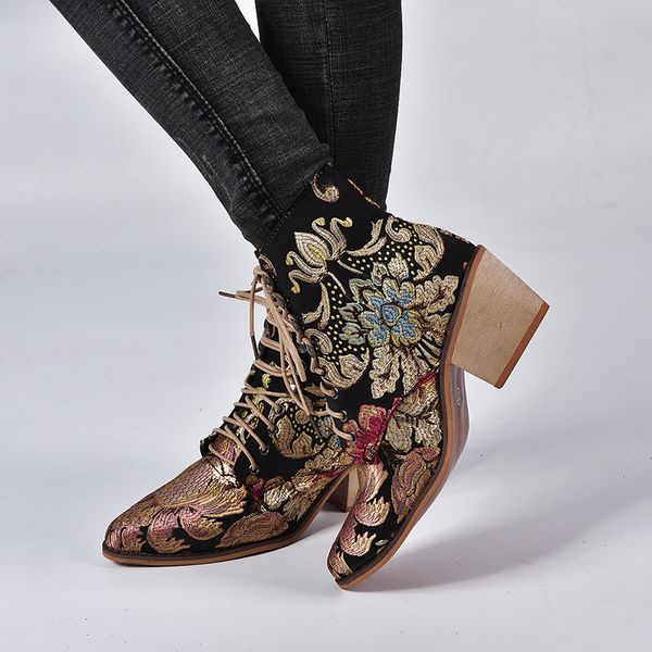 

2019 new autumn retro women embroidery flower short boots lady elegant lace up ankle boots female chunky botas mujer, Black