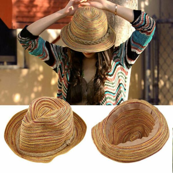 

2019 new fashion women summer straw sun hat boho beach fedora hat sunhat lady colorful striped foldable straw beach cap #624, Blue;gray