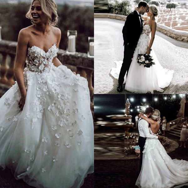 

2020 bohemian wedding dresses a line lace 3d floral appliqued sweetheart boho wedding dress sweep train backless ivory vestidos de novia, White