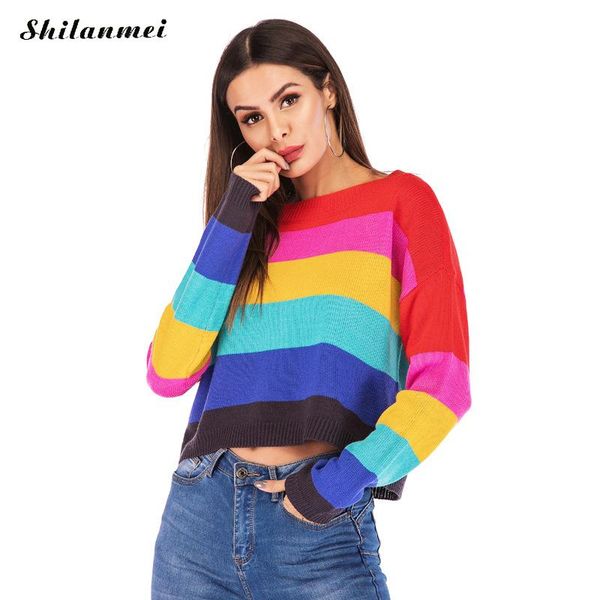 

радуга повседневная вязаный свитер женщин с шеей с длинным рукавом пуловеры свободные топы 2019 осень-лето мода женский свитер, White;black