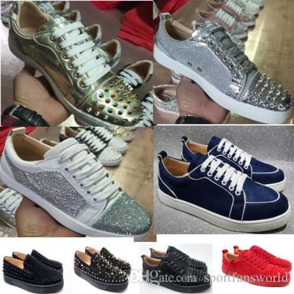 

red bottoms glitter sparkle casual shoes red bottom low cut fashion leather suede party wedding men women shoes size 36-47 shoes with box, Black
