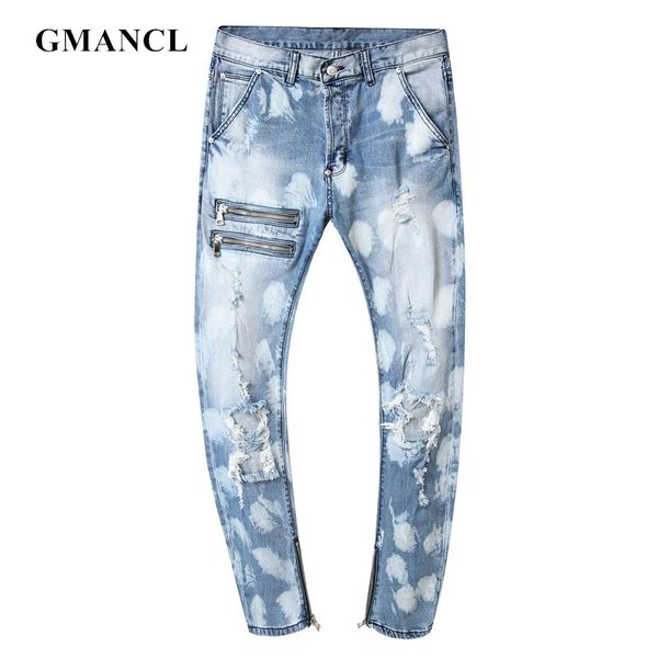 

2019 мужская рваная молния дизайн эластичность узкие байкерские джинсы джинсы проблемные хип-хоп уличная одежда бегуны нищий джинсовые брюки, Blue