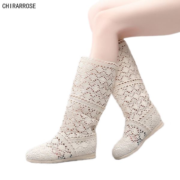 

chirarrose new women boots autumn hollow knitted flat heel summer boots woman's cool botas mesh breathable shoes long, Black