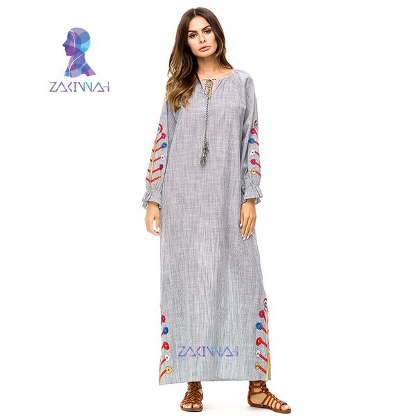 

casual embroidery maxi dress striped abaya long robe gowns loose style muslim middle east moroccan ramadan arab islamic clothing, Red