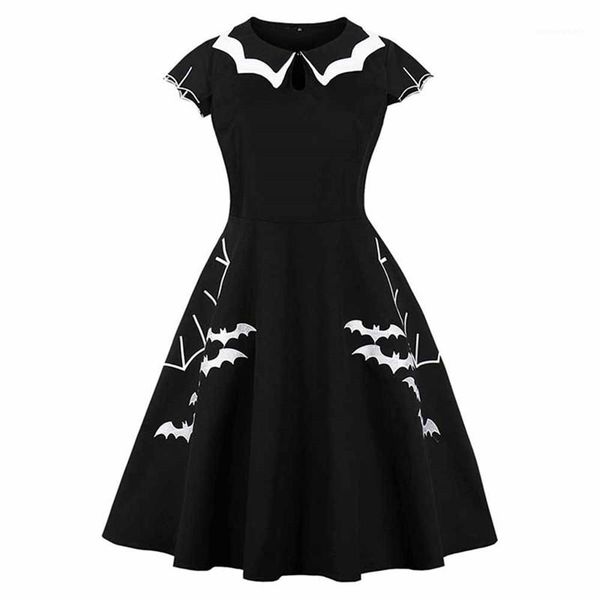 

o neck half sleeve womens dresses fashion loose ladies summer clothing halloween bat printed womens dresses black, Black;gray