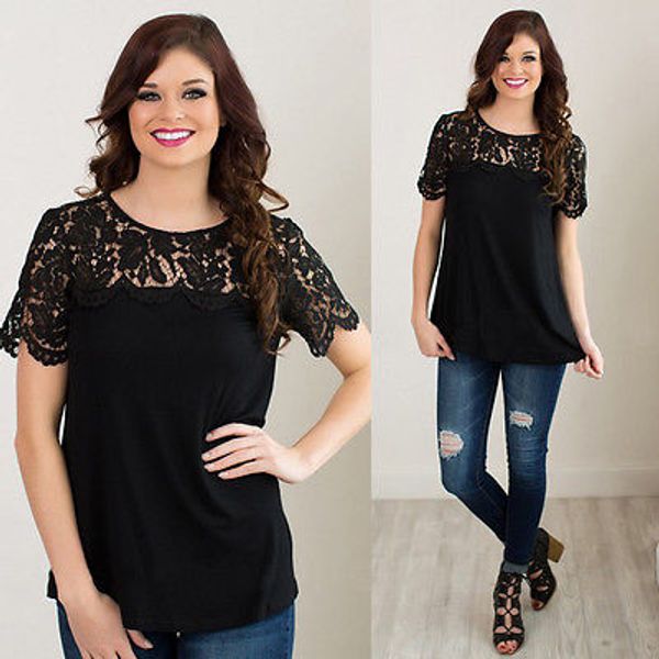 

2016 new fashion women shirt casual lace short sleeve t-shirt summer, White
