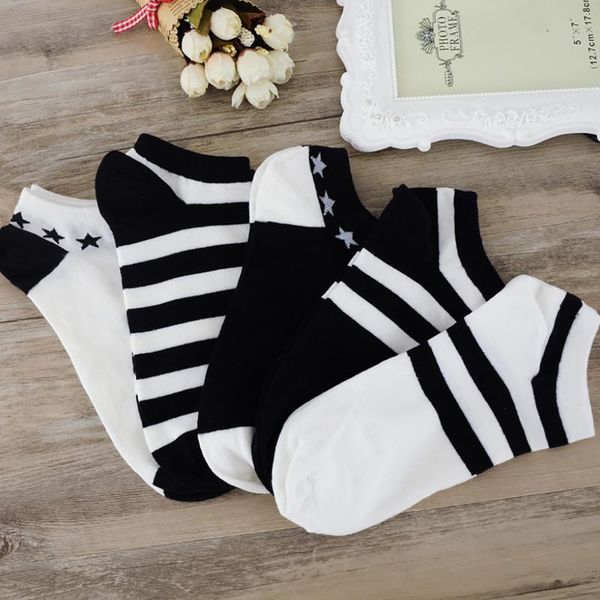 

5pairs new arrivl women cotton socks pink cute star ankle socks short students casual stripe girl harajuku #t1p, Black;white