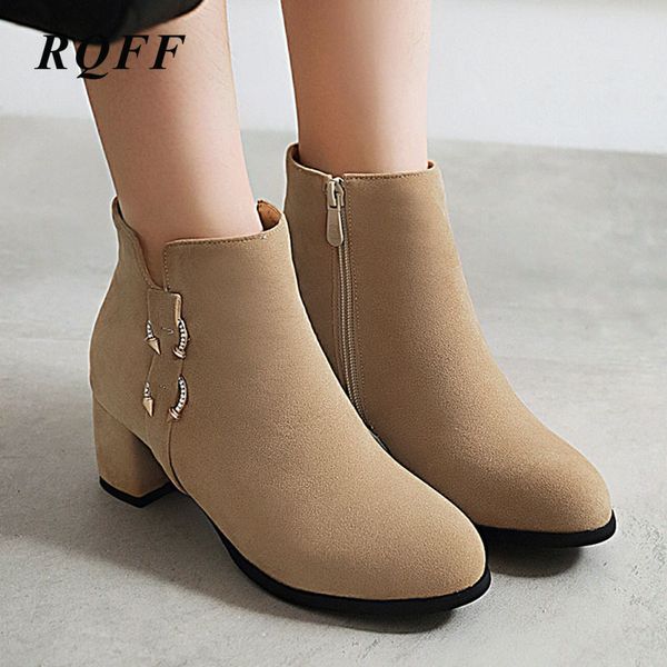 

plus size 33 43 ankle boots women autumn winter shoes for beige black womens round toe square block heels zip new boot