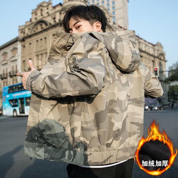 

2020 men's jacket autumn and winter new hooded camouflage clothing korean version of the trendy work jacket men, Black;brown