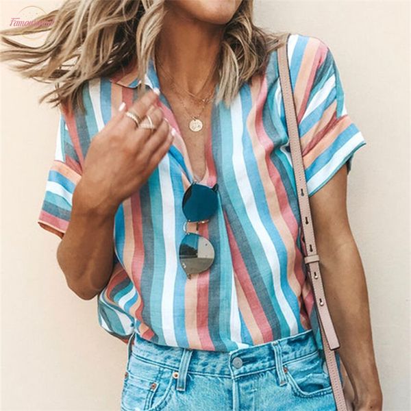 

new vogue womens colorized striped blouse fashion lady short sleeve loose shirts female summer clothes shirt 2020, White