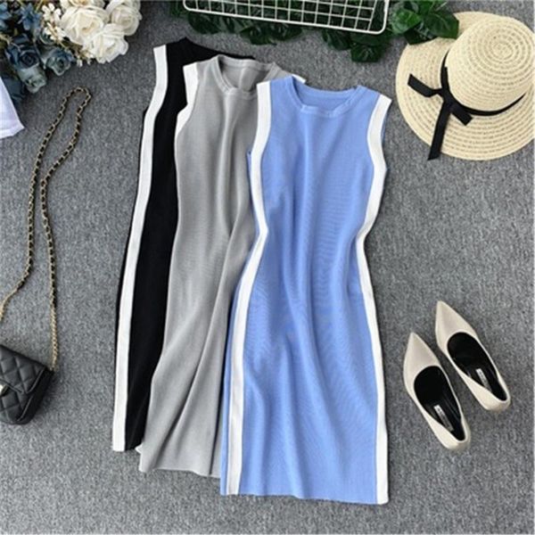 

2020 summer new o neck sleeveless knit dress women patchwork hit color dresses summer tank style vestidos mujer pz3310, Black;gray