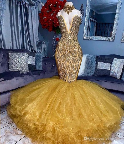 

Gorgeous Yellow Prom Dresses 2K19 V Neck Beads Sequins Mermaid Evening Gowns Puffy Tulle Custom Made Shinning Sexy Cocktail Party Dress, Black