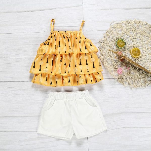 

summer kids girls floral cotton strap clothes set toddler baby girl sling shorts pants 2pcs children outfits clothing sets, White