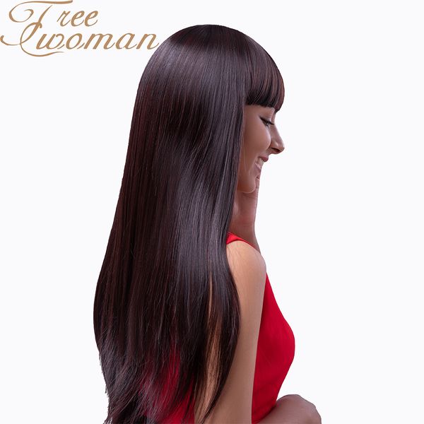 

oman dark red straight long wigs with neat bangs synthetic wig natural black wig for women heat resistant hair