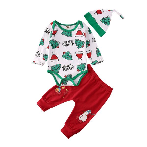 

new 2019 christmas tree clothing infant baby boy long sleeve romper jumpsuit pants caps xmas cotton clothes set, White