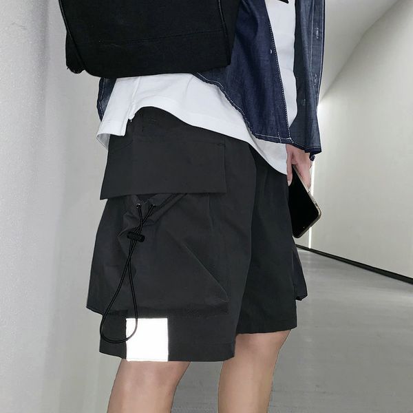 

streetwear summer casual shorts men side-pockets bermuda hip hop cargo shorts knee length black reflective men's, White;black