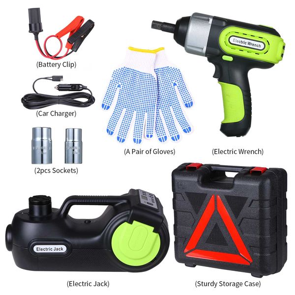

3-in-1 multifunctional car repairing tool kit electric impact wrench & electric hydraulic jack & inflator pump led