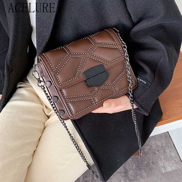

acelure metal chain pu leather crossbody bags for women rivets shoulder messenger bag female travel mini handbags shopping purse