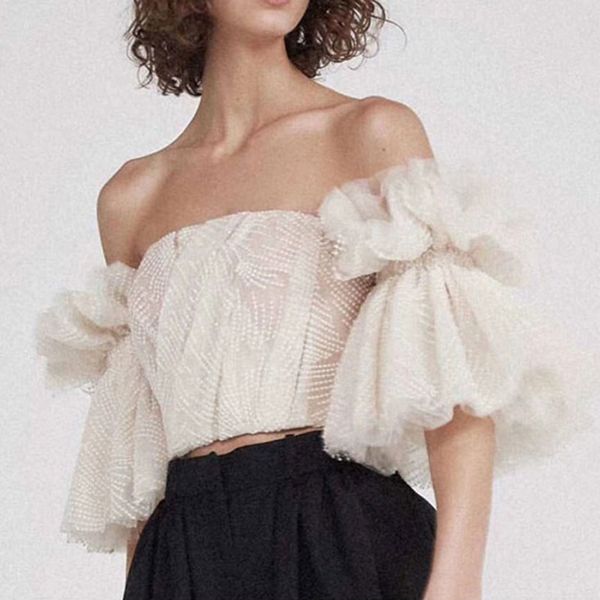 

summer fashion slash neck women short sleeve beading pattern lady off the shoulder short new top, White