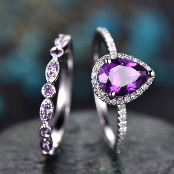 

trendy chic purple water drop shape zircon ladies rings set full zircon engagement ring for women wedding party jewelry anillos, Silver