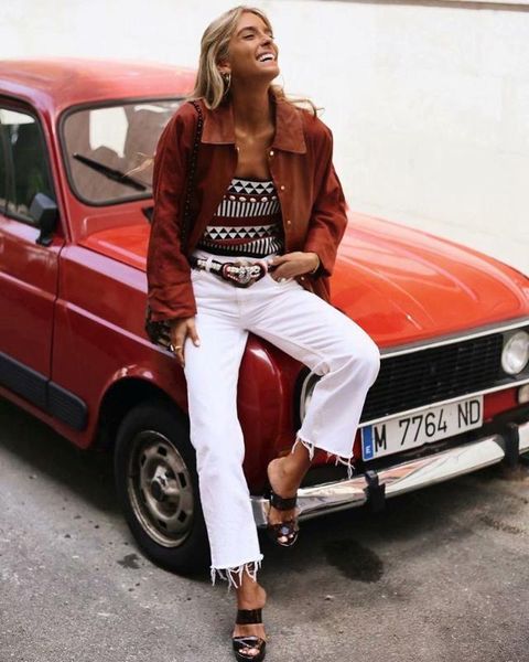 

2019 летней мода высокой талии свободных брюки капри меховую отделку широко ноги джинсы, Blue