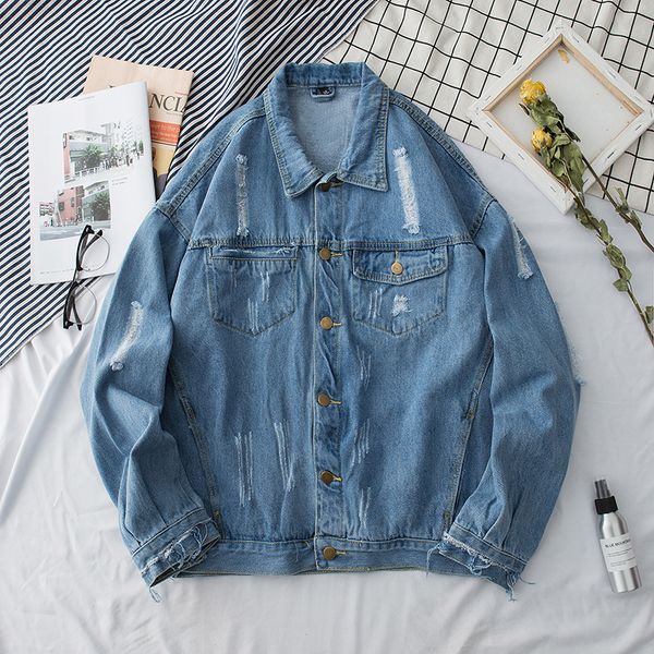 

осень новая джинсовая куртка мужская мода мыть сплошной цвет повседневная дыра джинсовая куртка человек уличная дикий хип-хоп свободный бомб, Black;brown