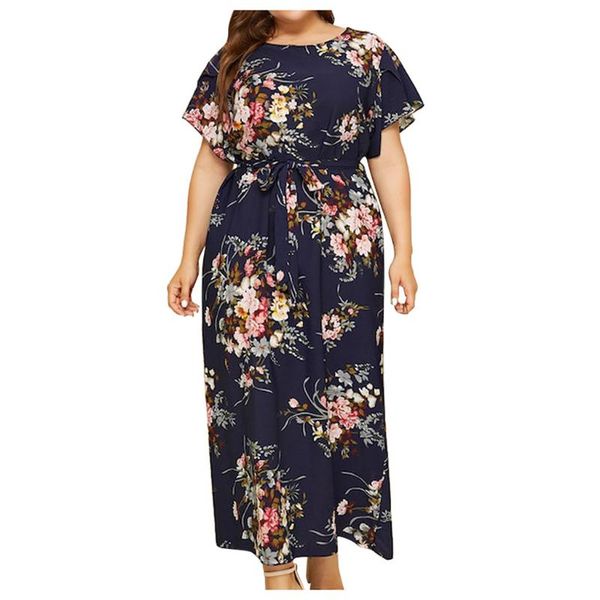 

sagace women's summer casual short sleeve maxi dress bohemian floral print long dress round neck belt elegant large size dresses, White;black