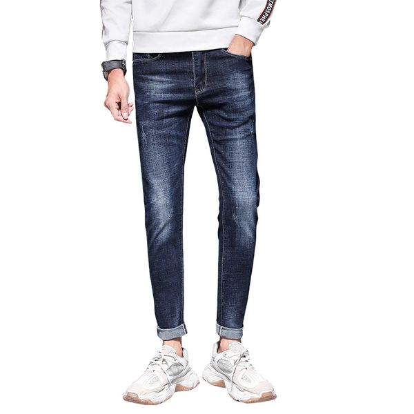 

korean jeans men 2020 spring and autumn stretch slim casual pants men's young feet pants men's tide biker jeans men, Blue