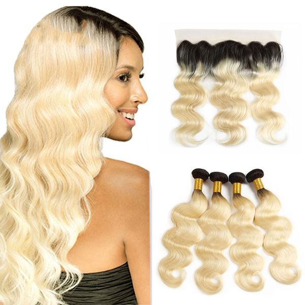 

ombre 1b/613 body wave hair with lace frontal peruvian human hair bundles with frontal 13*4 blond body wave human hair extension, Black