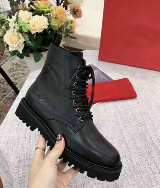 Luxo New Womens Lace Up Ankle Exército Martin outono inverno botas de couro de vaca sapatos Zip Box Original Tamanho 35-41