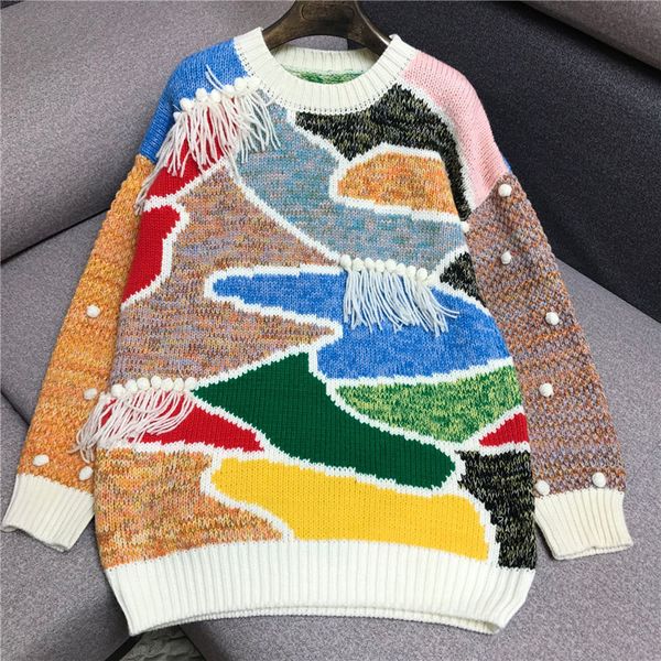 

women's sweaters heavy industry set dyeing sweater women 2021 tide handmade tassel three-dimensional ball knit hit color thick, White;black