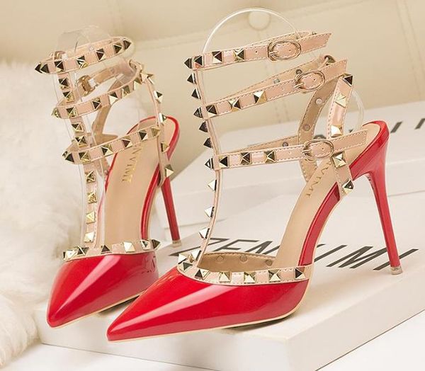 

2020 fashion new lady 10cm stiletto heels patent leather metal studs hollow roman fashion sandals, Black