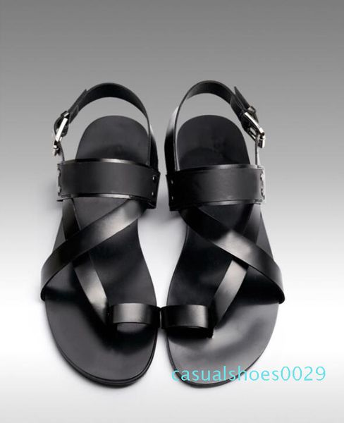 

new clip toe fashion leather sandals authentic summer cut out men's leather roman sandals men's buckle strap shoes british men c29, Black