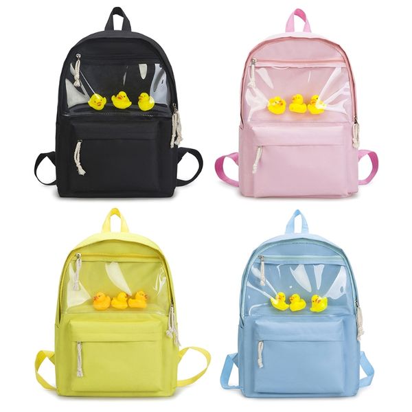 

women canvas student backpack transparent girls school bag bookbag with duck toy
