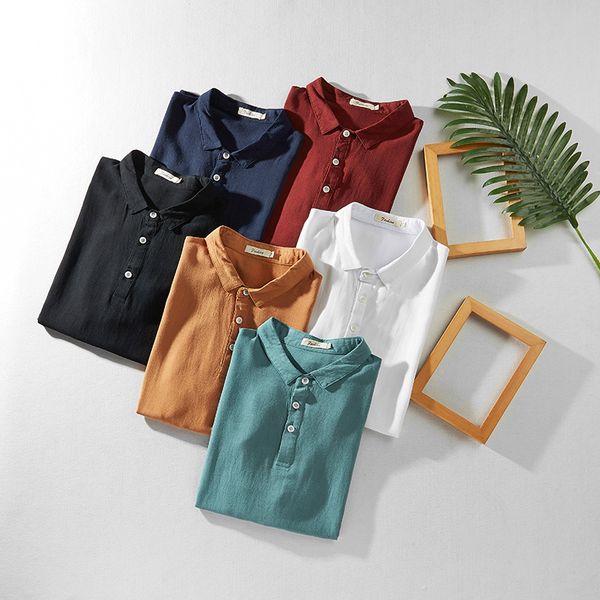 

summer beach linen shirt men short sleeve loose poloshirt man korea style breathable solid color polos shirts black 4xl new, White;black
