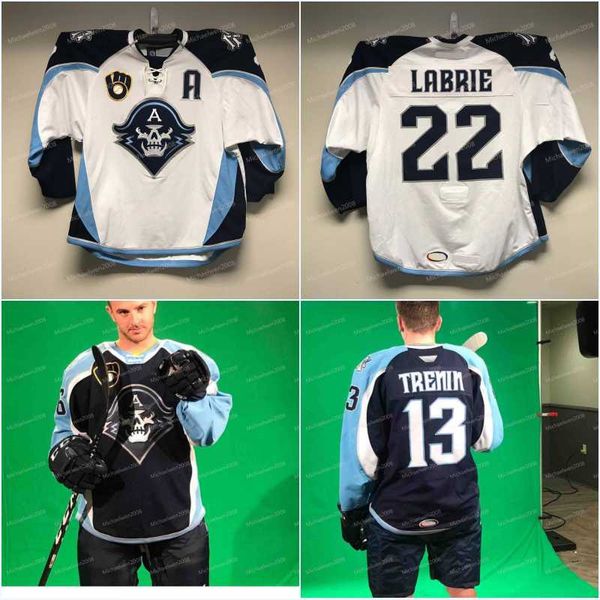 

Men New AHL Milwaukee Admirals Regular Season Jersey Worn by #22 Pierre-Cedric Labrie Hockey Jerseys white Navy blue
