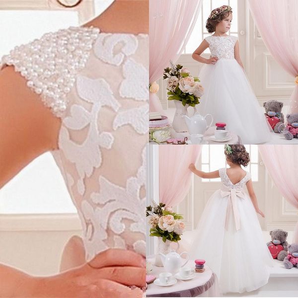 

lace pearls flower girl dresses off shoulder tulle children wedding kids dresses elegant little girl pageant gowns, Blue