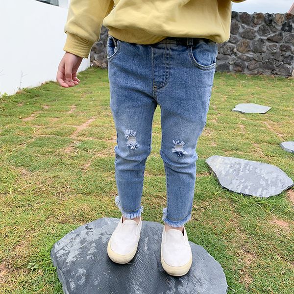 

детская одежда 2020 весна новый высокие упругие девушки дырки ломая jeans поножи детей заусенцев карандаш штаны, Blue