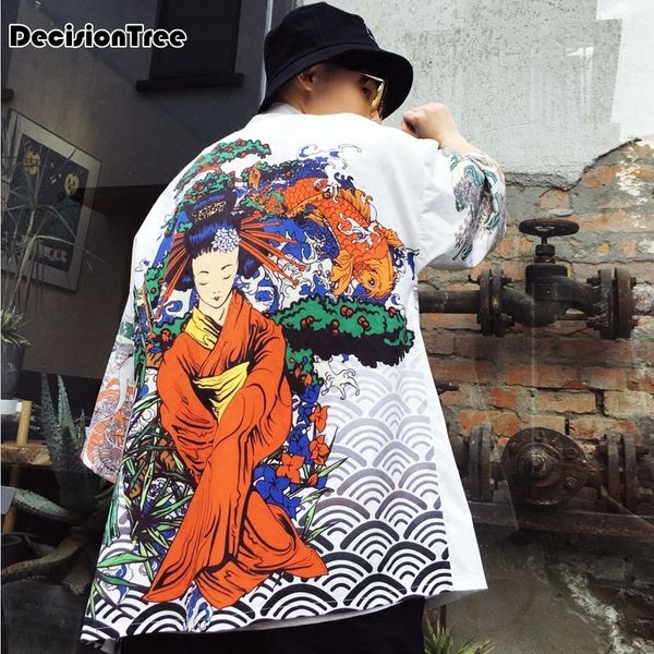 

2019 summer mens kimono japanese clothes streetwear casual kimonos jackets harajuku japan style cardigan embroidery outwear, Black;brown
