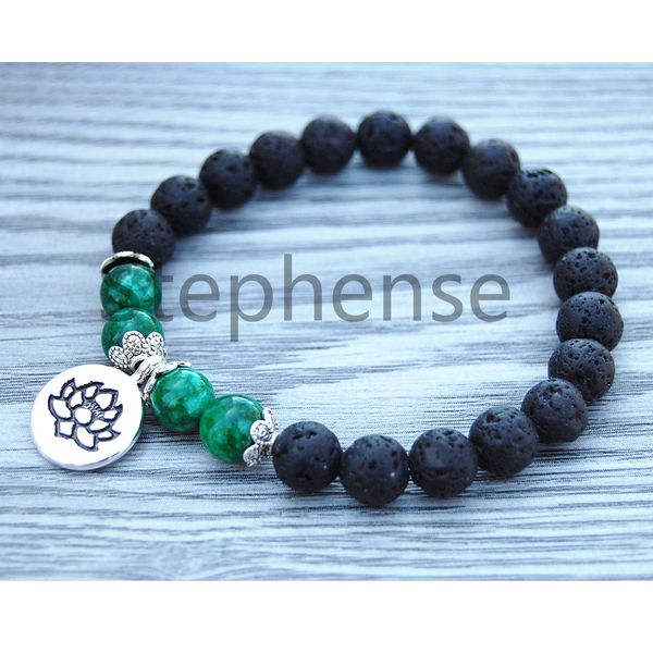 MG0650 Natürliches Lava-Energie-Armband, Malachit, Lotus-Charm, Yoga-Armband, neues Design, Balance, Herz-Chakra, Mala-Armband