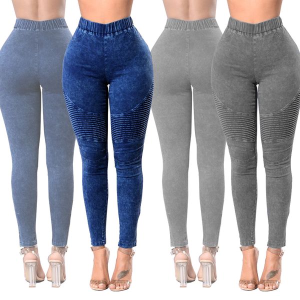 

Gryffon Fitness Skinny Denim Jeans Autumn Winter Women Casual Pencil Pants Pleated Stretch Elastic Waist Jean Bodycon Trousers, Blue